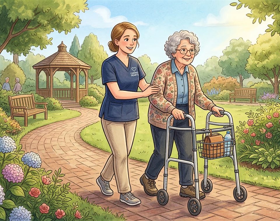 Caregiver assisting senior with walking and mobility