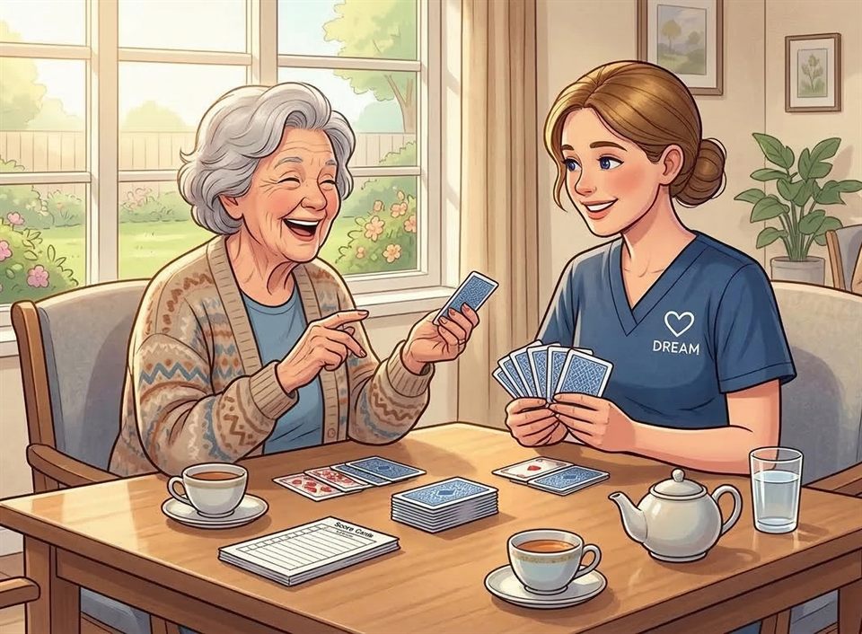 Caregiver and senior playing cards together