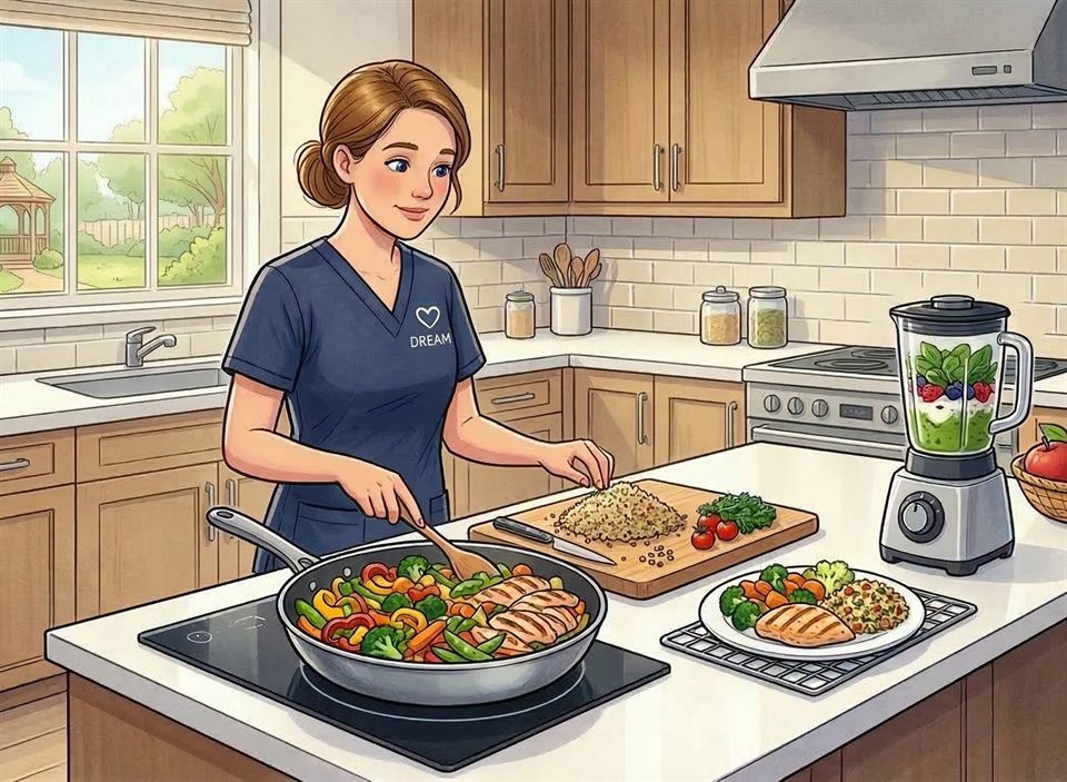 Caregiver preparing a healthy meal in the kitchen